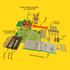Contents of the Bunny and the Carrot Patch box: including popsicle sticks, foam sheets for ears, wooden carrots, orange pipe cleaners, paint, and an interactive game.