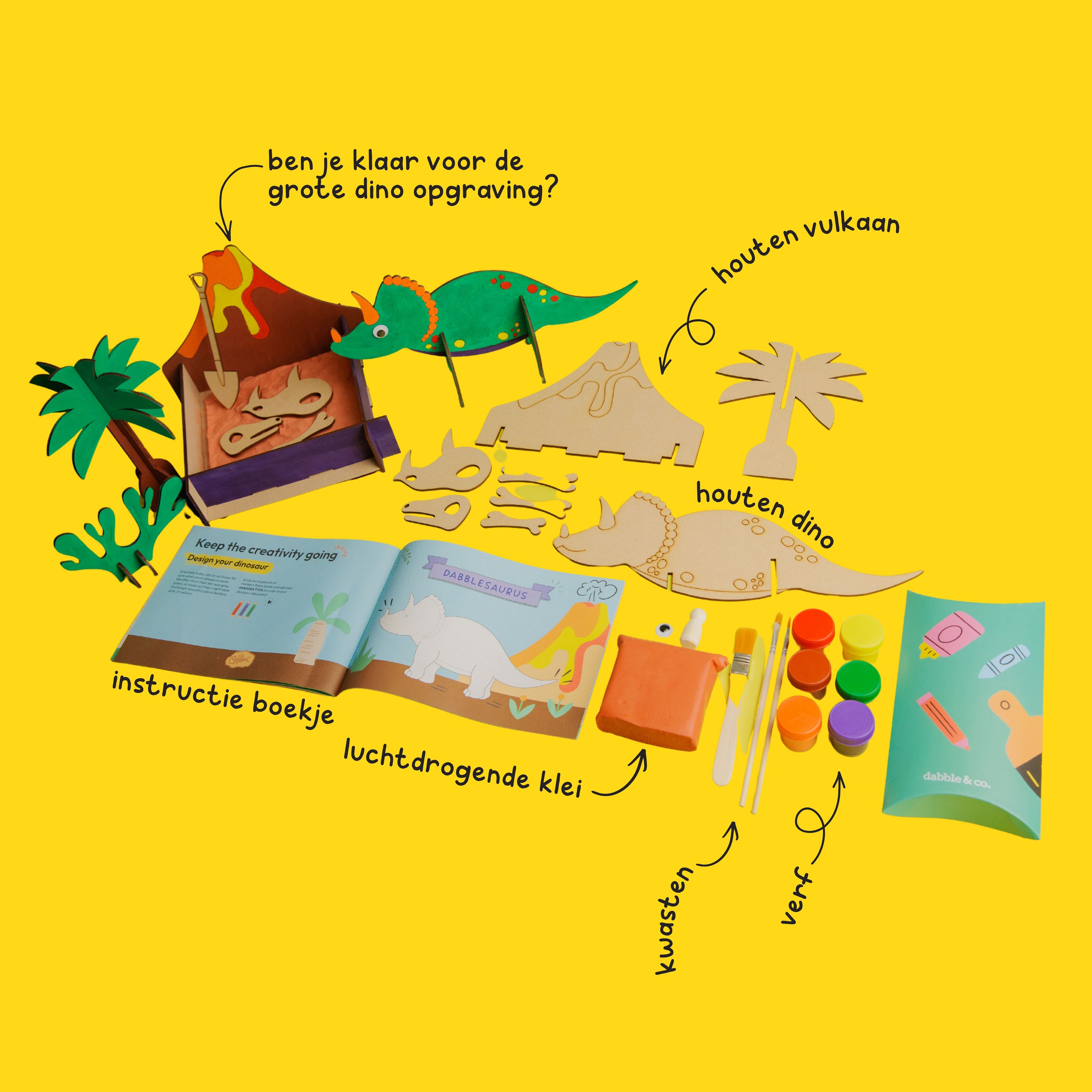 Craft kit with natural materials: wooden building plates, air-dry terracotta clay, and accessories for making your own dino fossils.