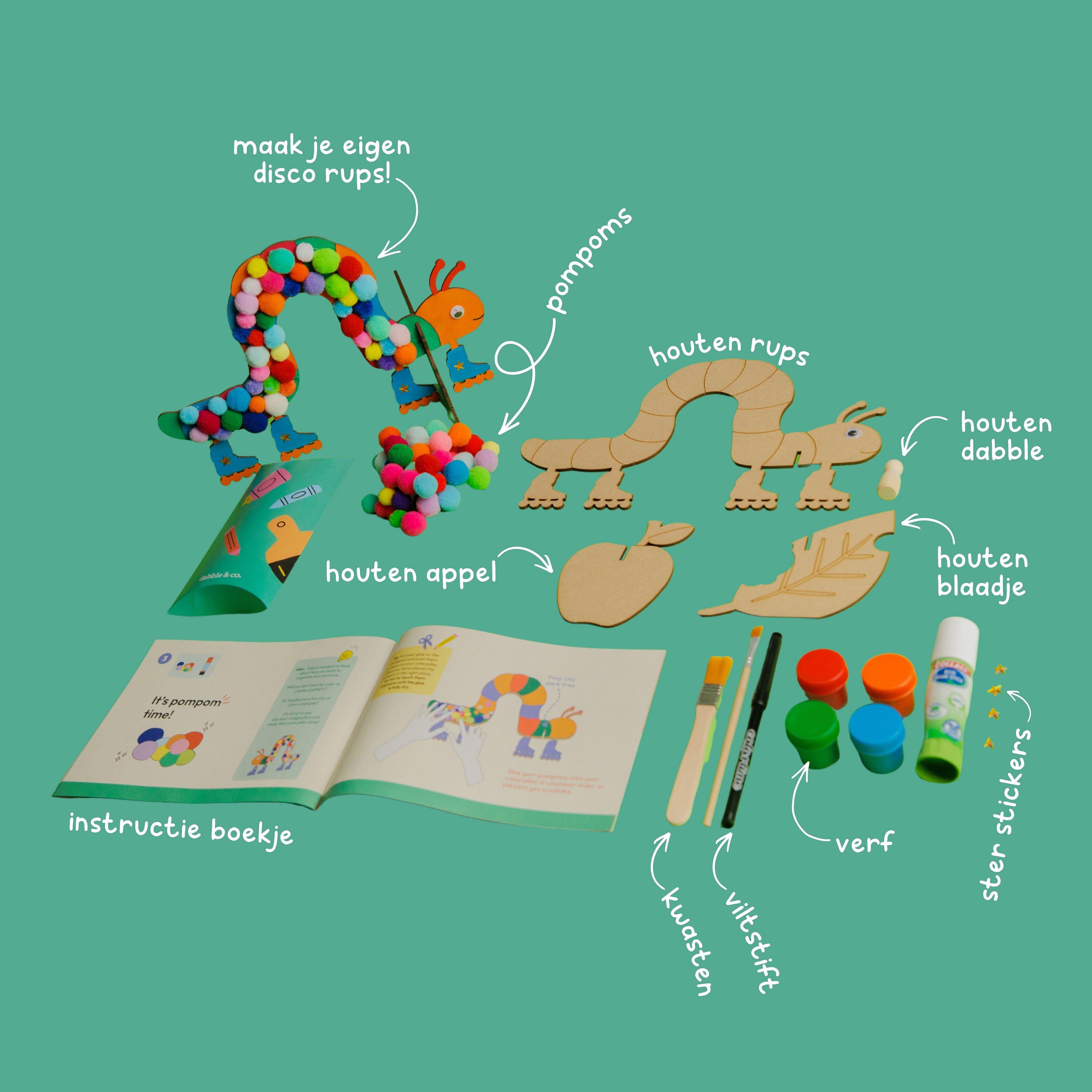 Contents of the Disco Caterpillar box: wooden caterpillar and stands, paint, pompoms, star stickers, glue, and a fun coloring page.