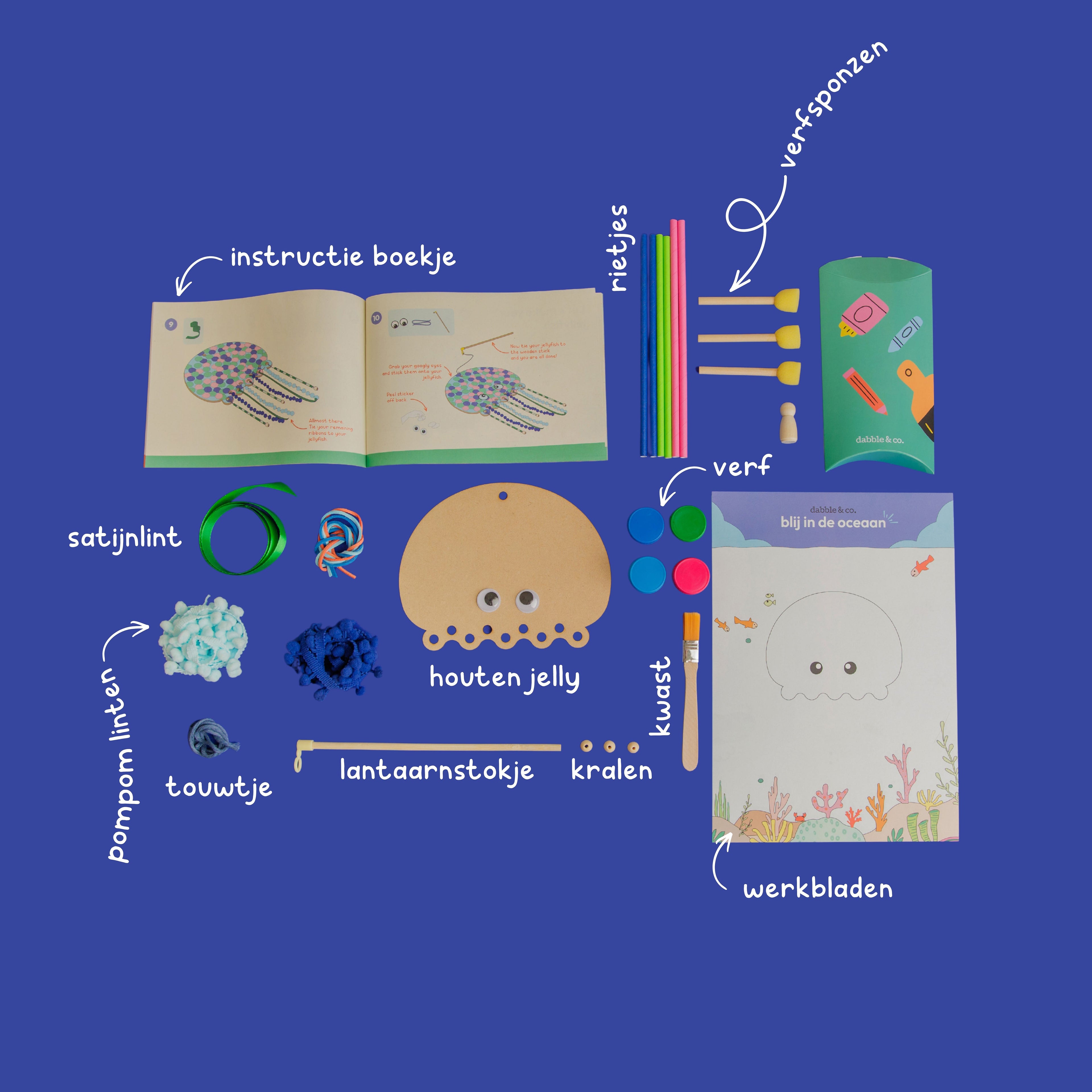 Contents of the Jellyfish craft box: wooden jellyfish, paint, sponge brushes, lantern stick, coloring page, and various ribbons and straws for the tentacles.