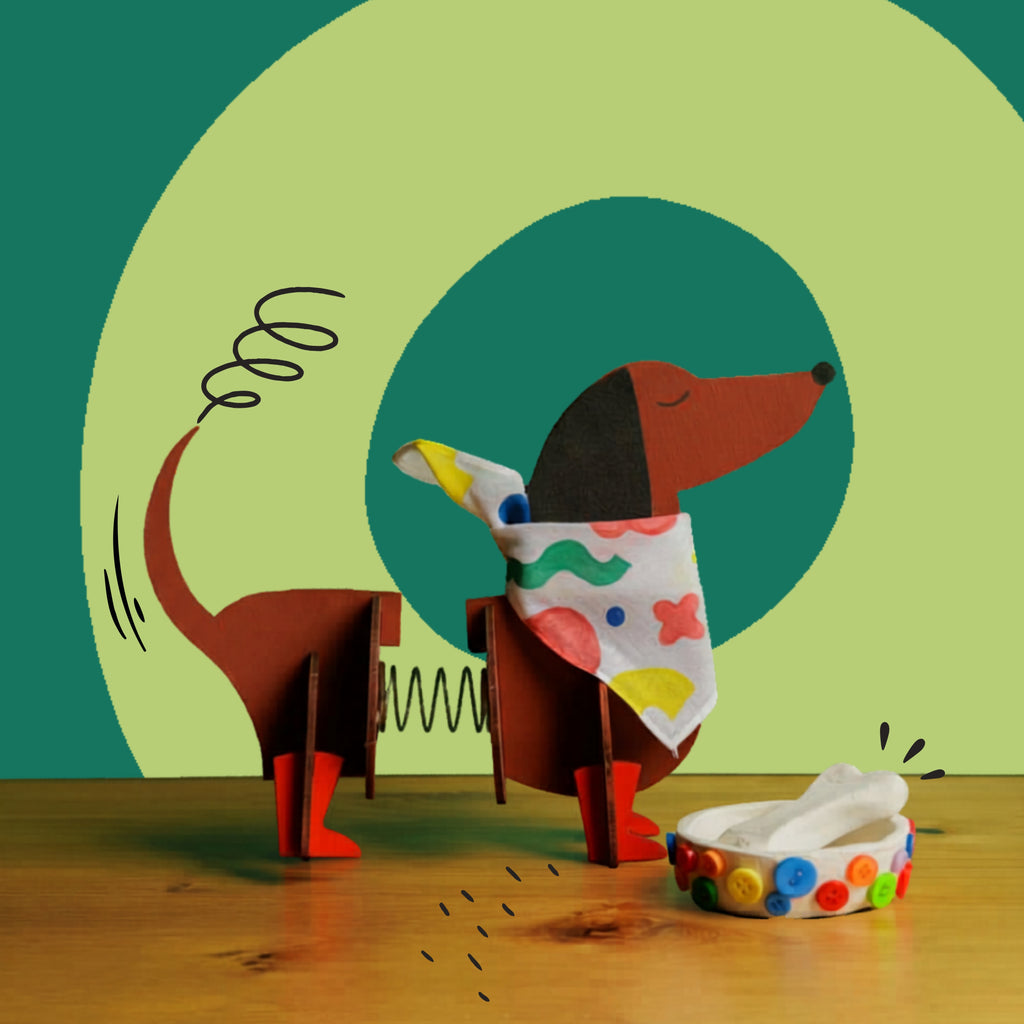 Dabble & Co. Dot the Dog craft kit - Create your own personalized wooden dog with a handmade bandana and clay bowl and bone.