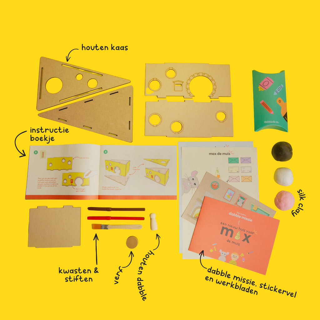 The contents of the Max the Mouse DIY kit: pink, white and black clay, wooden cheese base, and crafting tools.