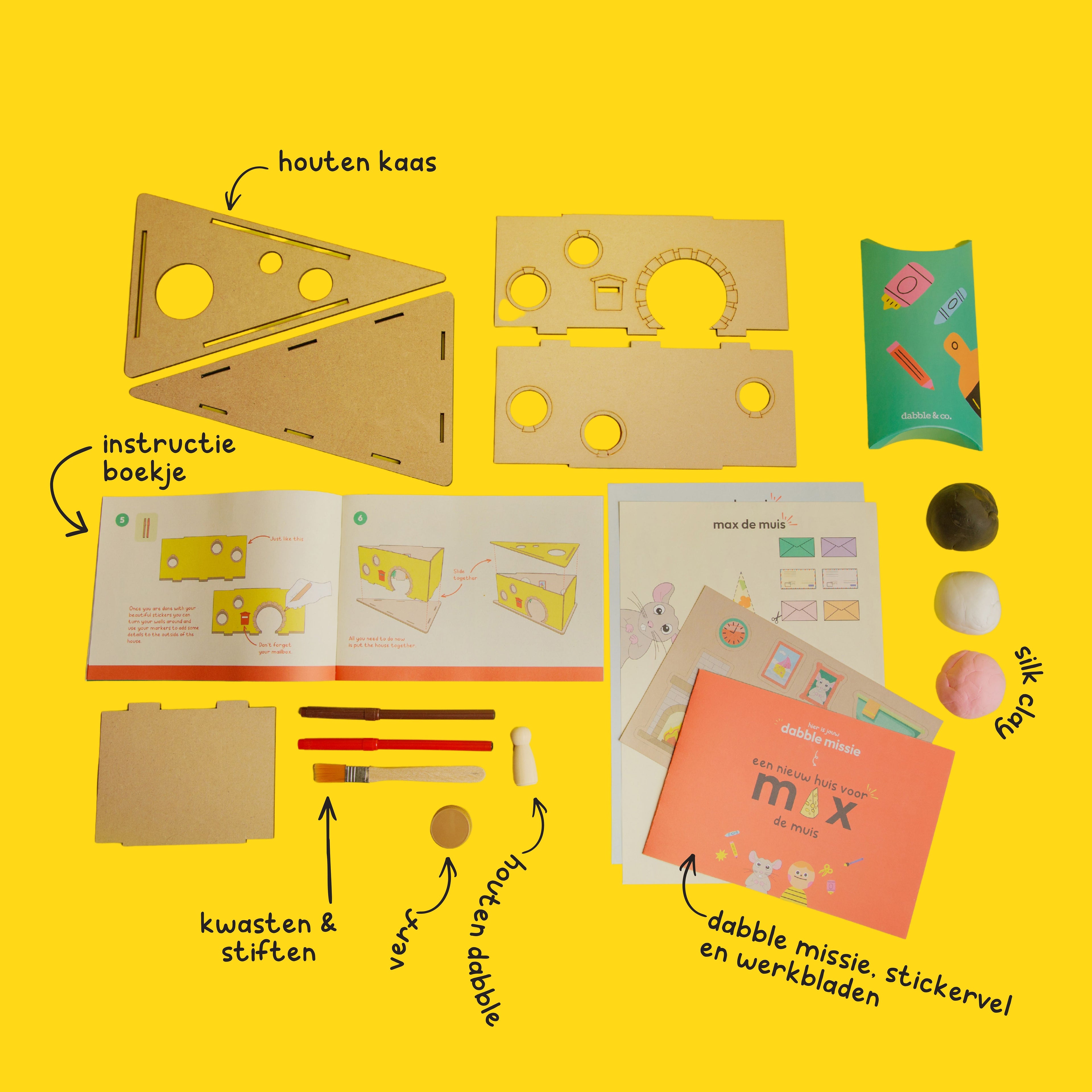 The contents of the Max the Mouse DIY kit: pink, white and black clay, wooden cheese base, and crafting tools.